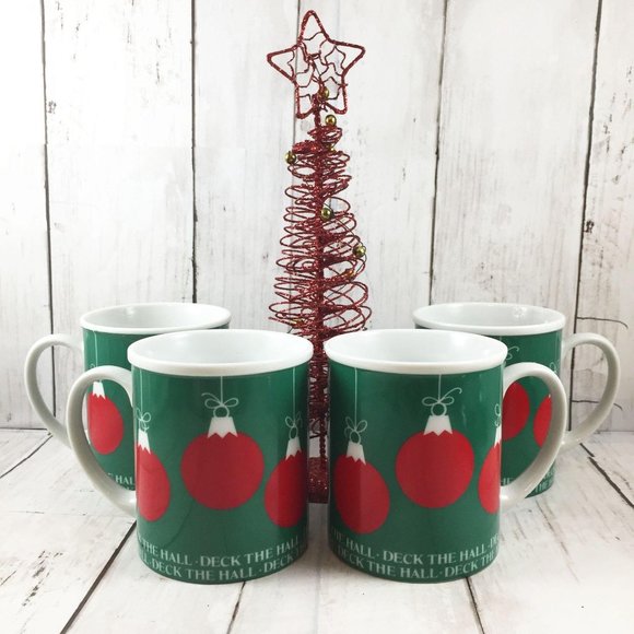 Dept 56 4 Christmas Mugs Deck the Halls Set of Red Ornaments Green Holidays - Picture 1 of 3